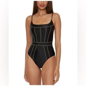 NWT Becca Black Sheen Corset-seamed One-piece Swimsuit